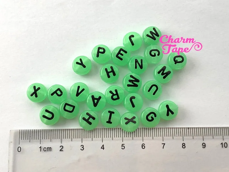 100 Glow in the Dark 10mm Round Alphabet Beads, Acrylic Letter Bead