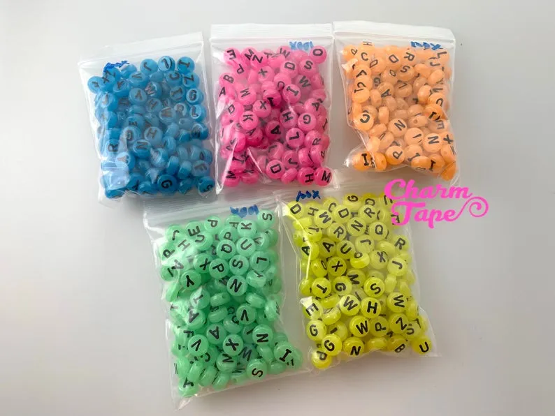 100 Glow in the Dark 10mm Round Alphabet Beads, Acrylic Letter Bead