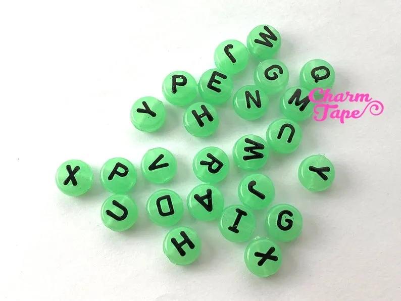 100 Glow in the Dark 10mm Round Alphabet Beads, Acrylic Letter Bead