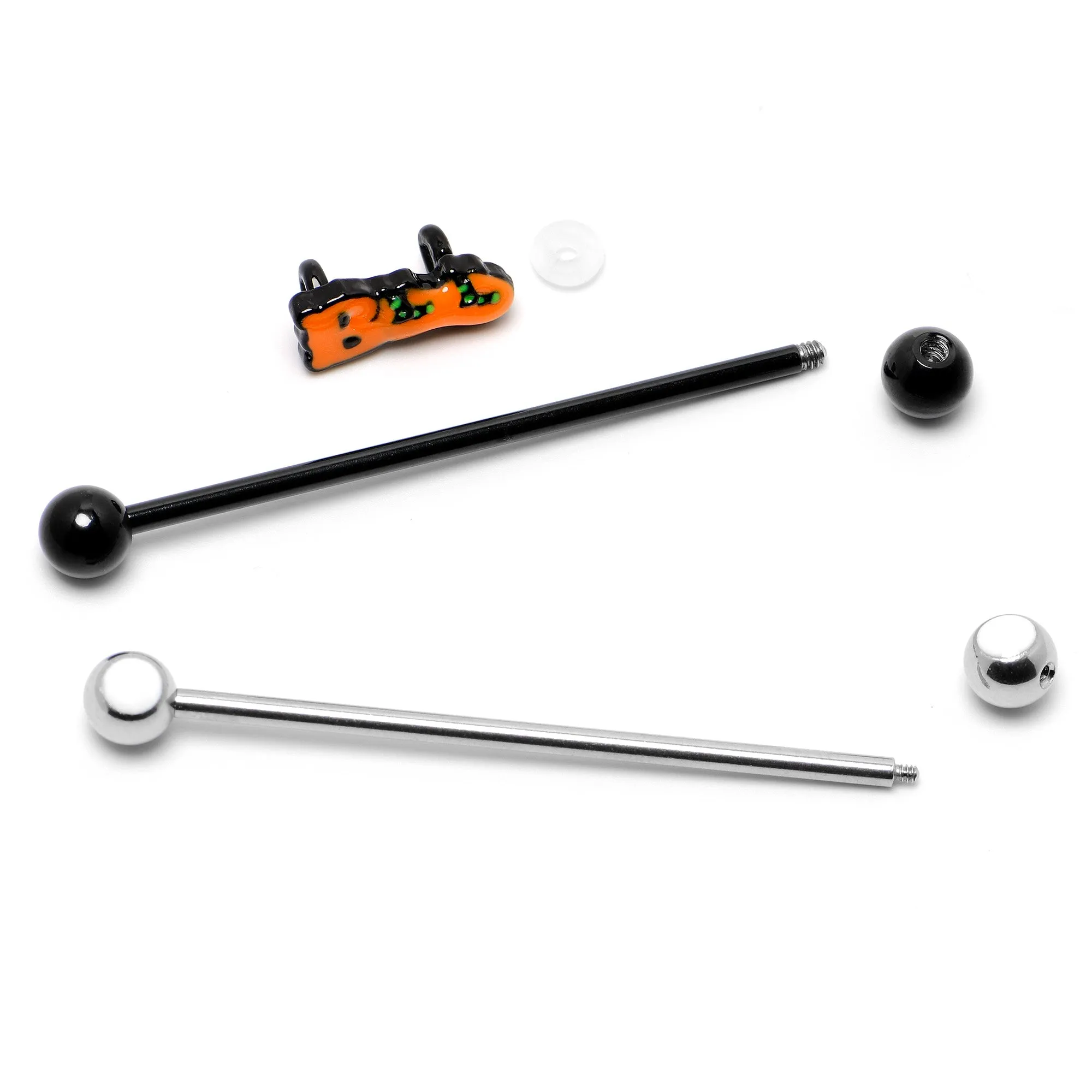 14 Gauge Black Halloween Boo Glow in Dark Industrial Barbell Set of 2