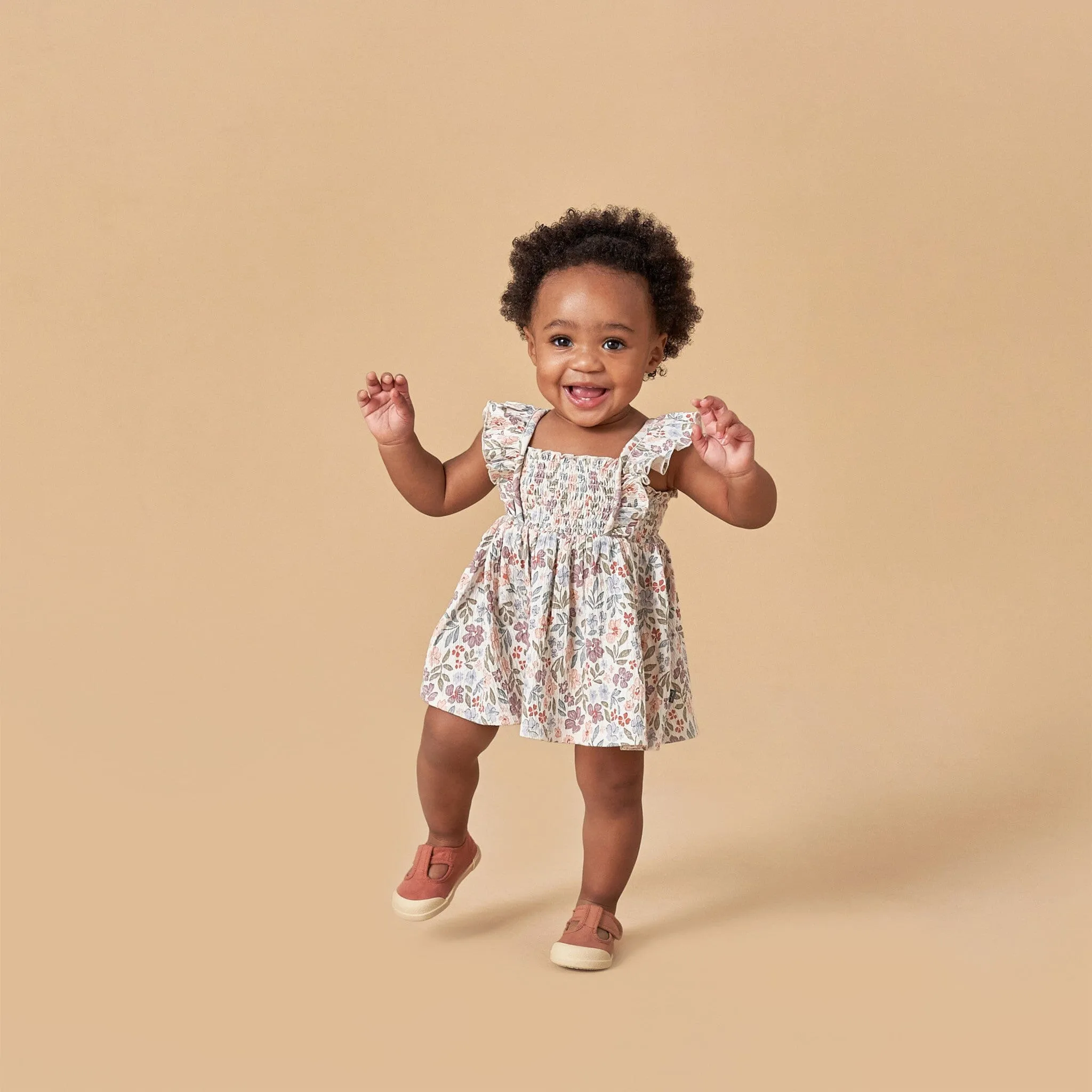 2-Piece Baby Girls Ivory Garden Ruffle Sleeve Dress and Diaper Cover Set