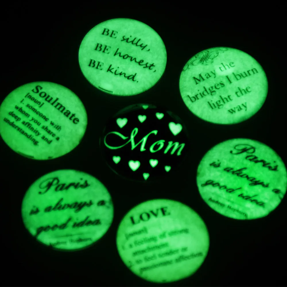 20 Glow in the Dark Cabochons fit 25mm 1" Pendants Words Pattern Glowing Jewelry Dome Cameo Jewelry