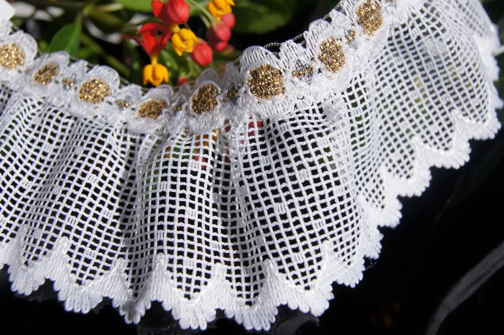 2⅛" Gold Metallic White Ruffled Lace