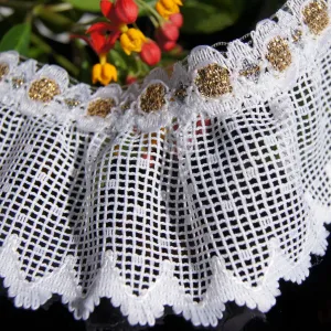 2⅛" Gold Metallic White Ruffled Lace