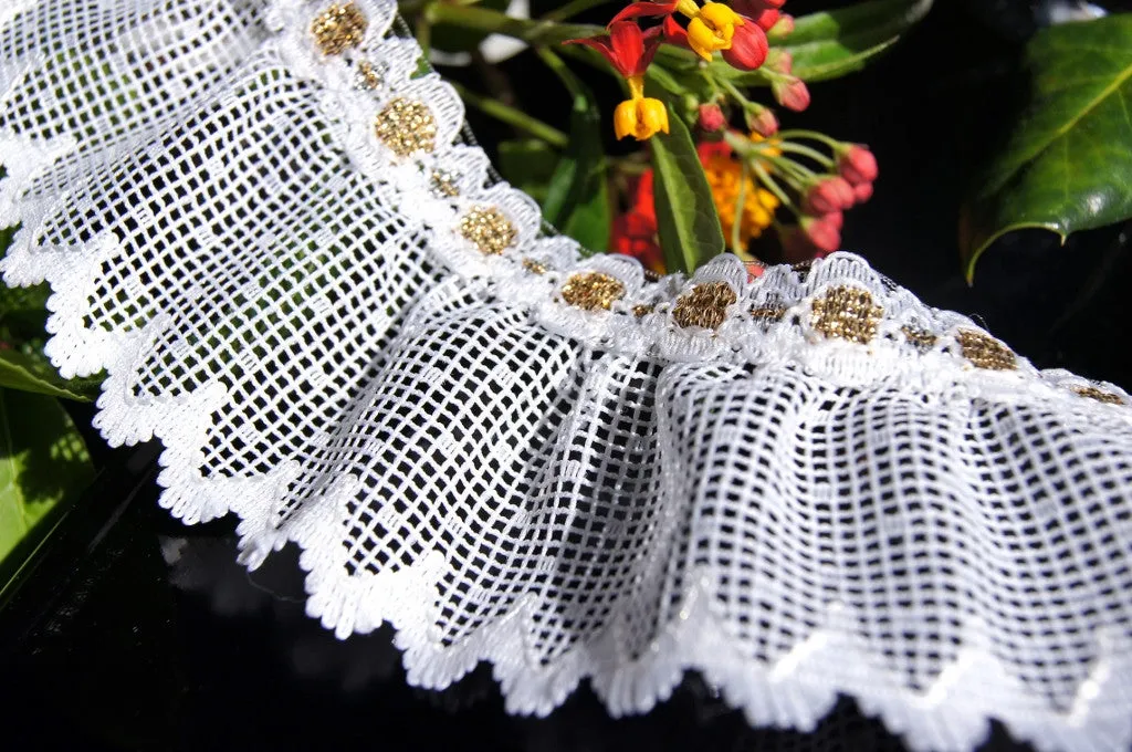 2⅛" Gold Metallic White Ruffled Lace