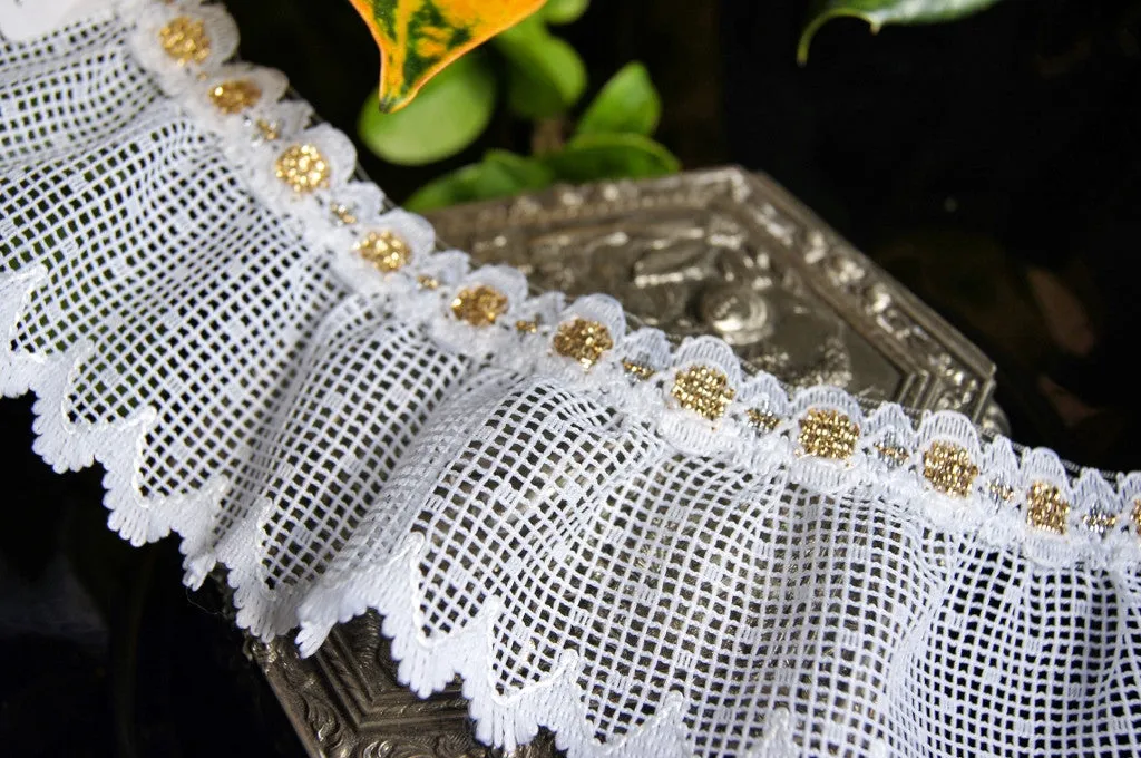 2⅛" Gold Metallic White Ruffled Lace