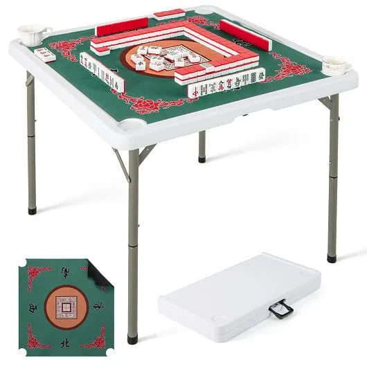 35 Inch 4 Player Game Card Folding Mahjong Table with Cup Holders-Light Green -