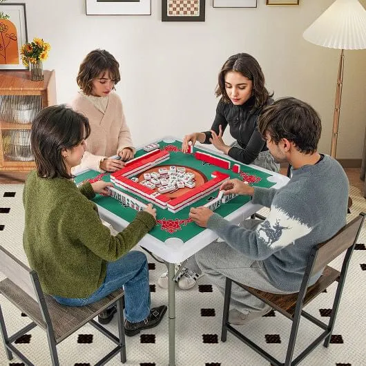 35 Inch 4 Player Game Card Folding Mahjong Table with Cup Holders-Light Green -