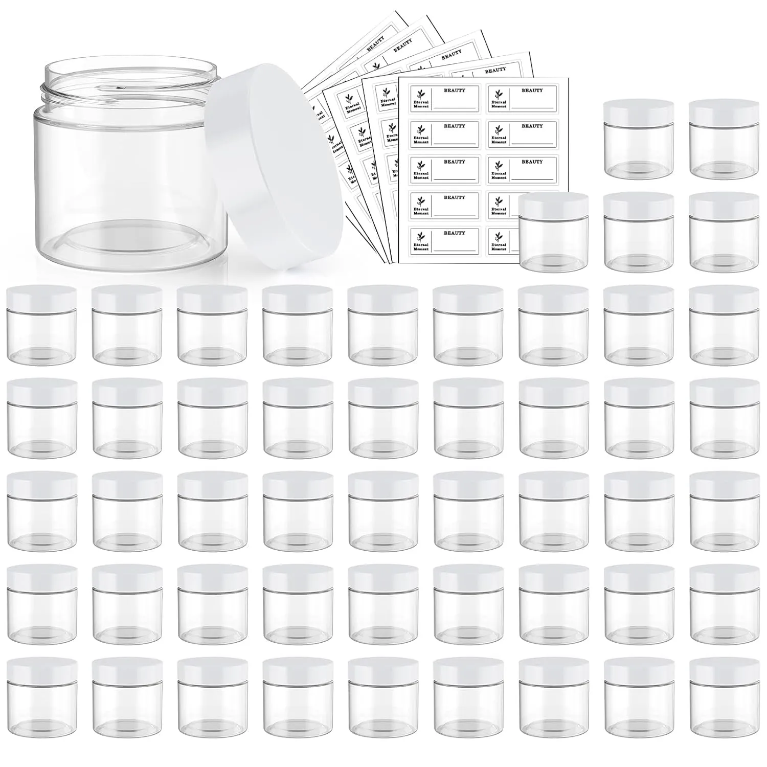 50 Pack 4 OZ Plastic Jars round Clear Cosmetic Container with Black Lids,  Slime Jars for Lotion, Cream, Ointments, Makeup, Eye Shadow, Rhinestone, Samples, Pot, Travel Storage