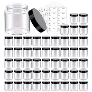 50 Pack 4 OZ Plastic Jars round Clear Cosmetic Container with Black Lids,  Slime Jars for Lotion, Cream, Ointments, Makeup, Eye Shadow, Rhinestone, Samples, Pot, Travel Storage