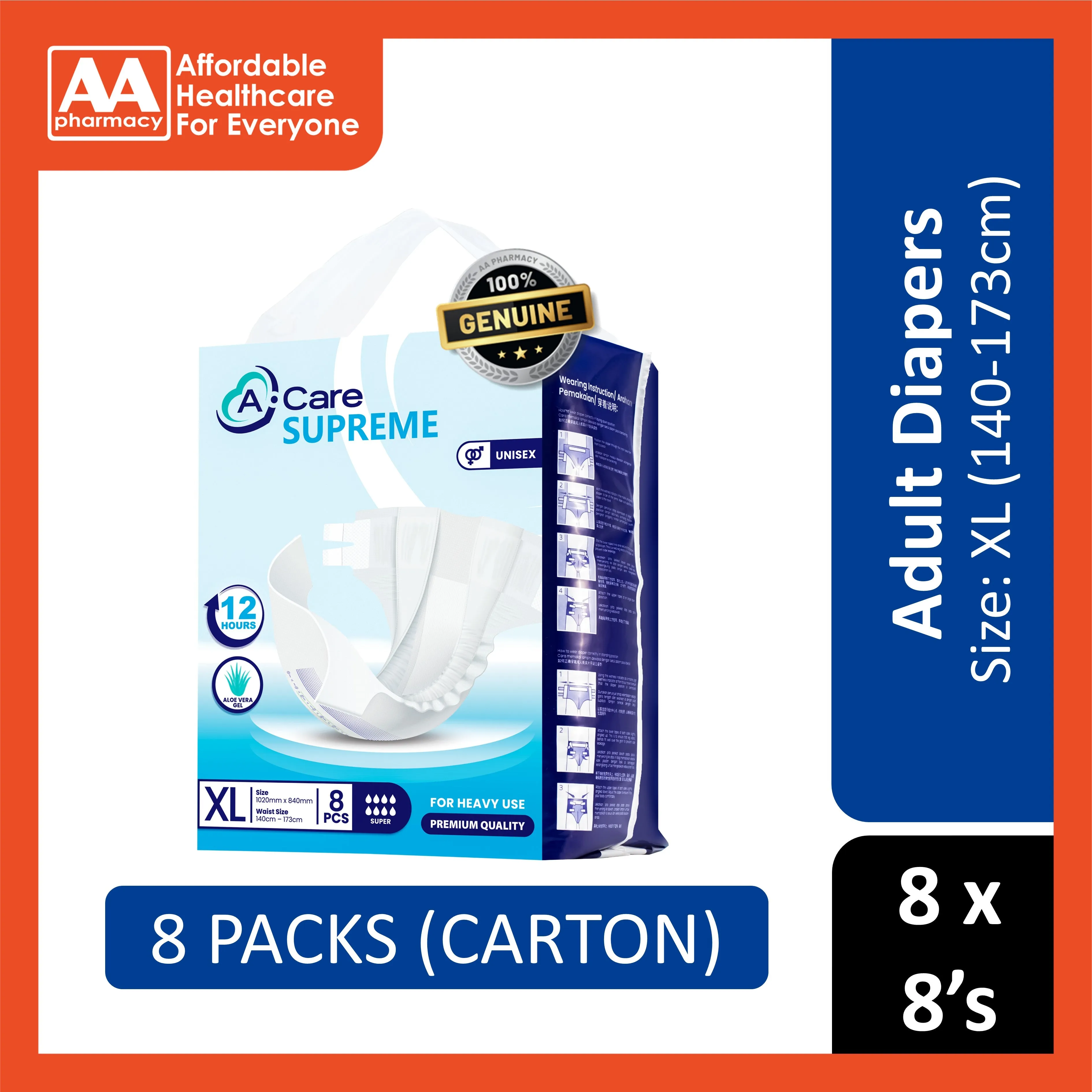 A-Care Supreme Adult Diapers Size XL 8's (140-173cm) [8 Packs/Carton]