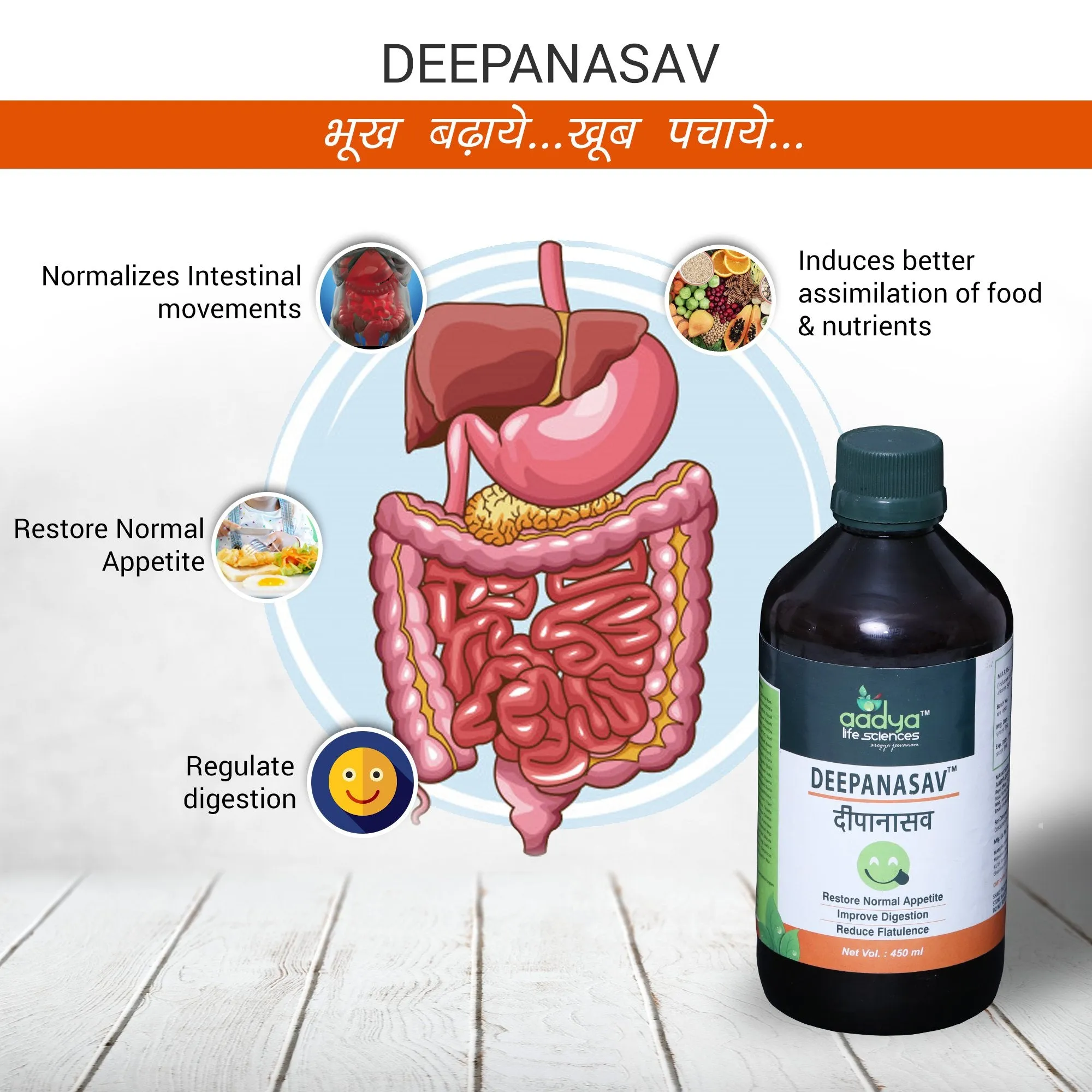 Aadya Life Deepanasav- 450 ml | Helps with Indigestion, Effective for Loss of Appetite | Asav based herbal formulation| Includes Triphla, Giloy,Ginger, Saunf | For Men & Women