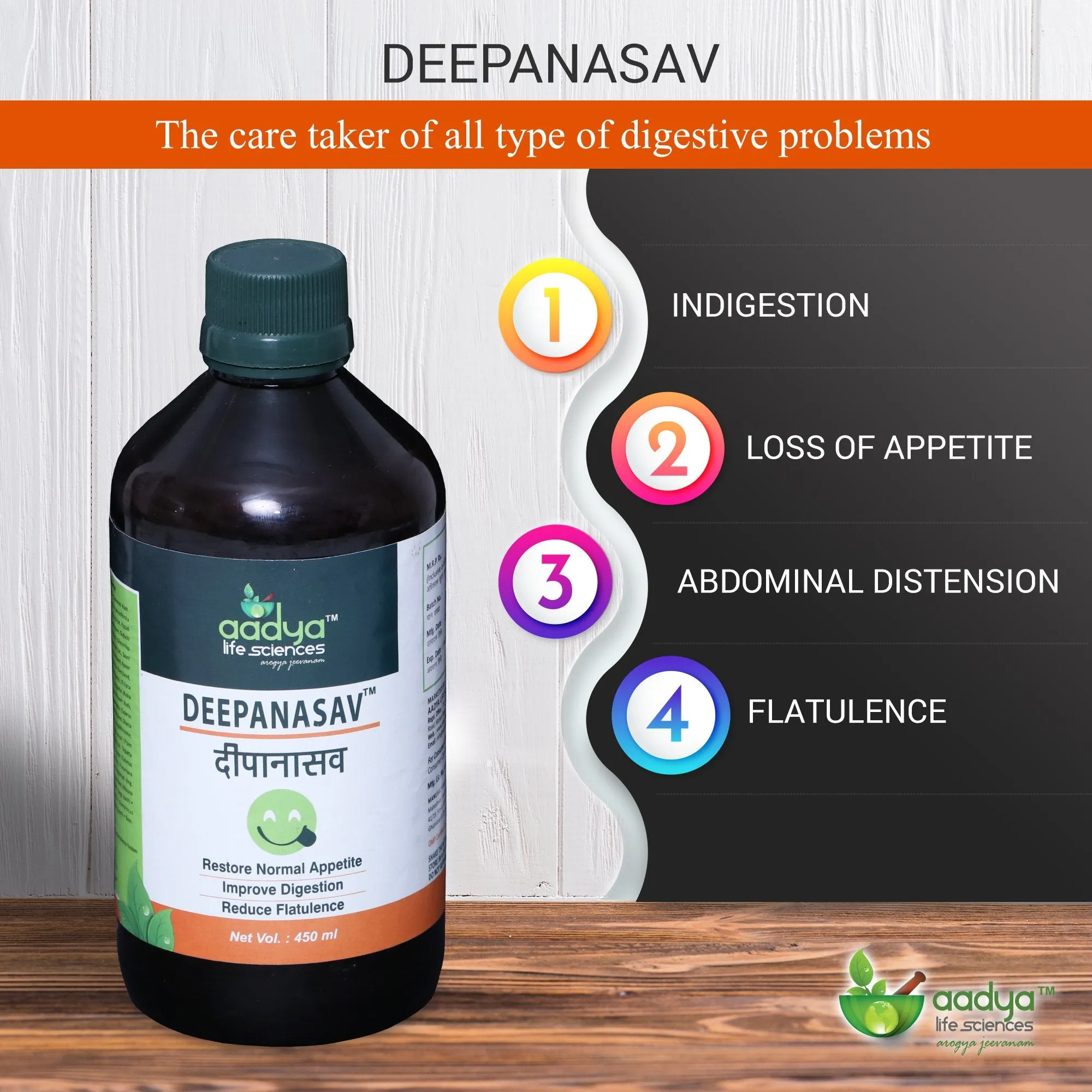 Aadya Life Deepanasav- 450 ml | Helps with Indigestion, Effective for Loss of Appetite | Asav based herbal formulation| Includes Triphla, Giloy,Ginger, Saunf | For Men & Women