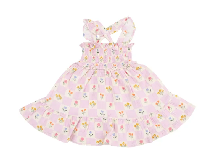 Angel Dear Smocked Ruffle Sundress in Floral Check