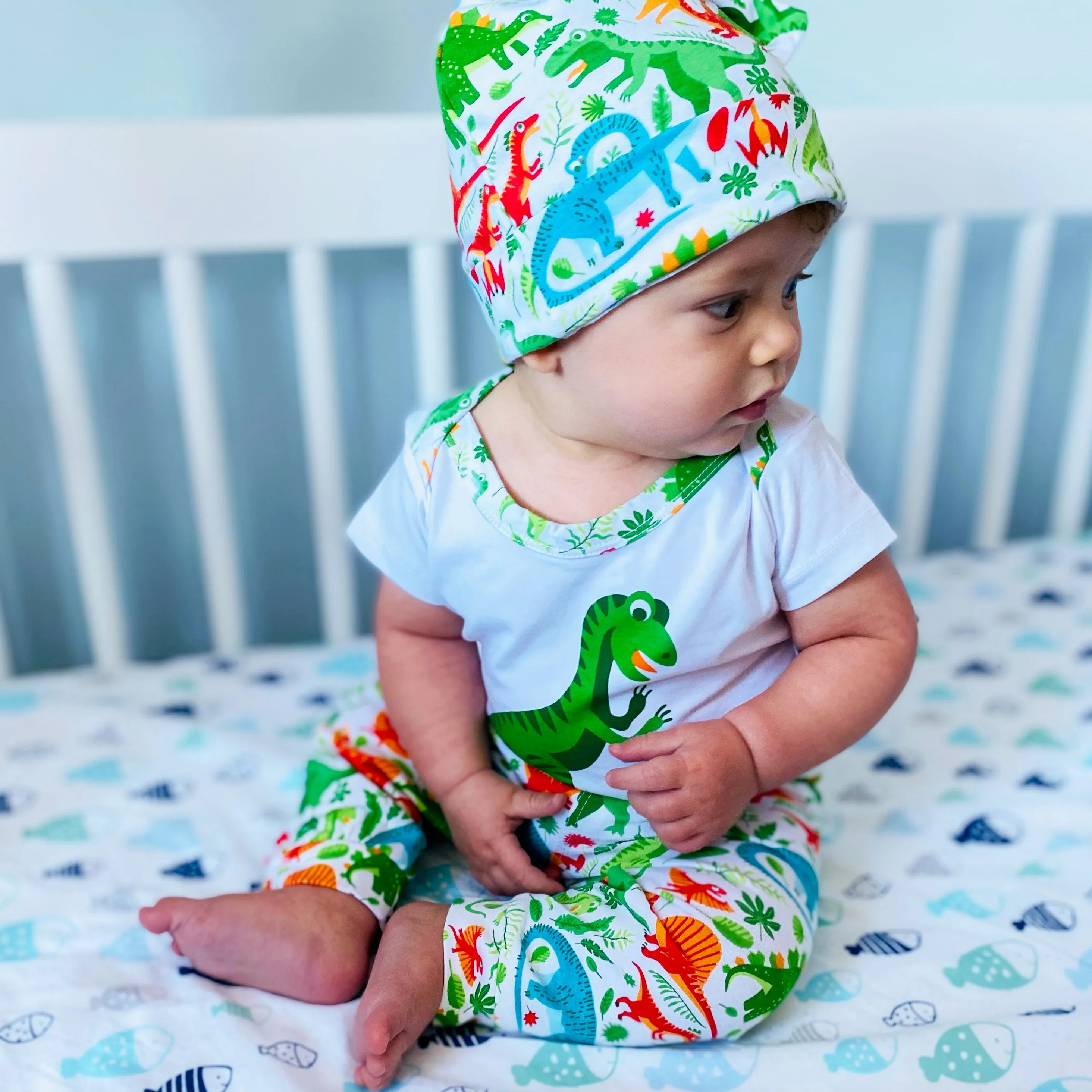 AnnLoren Baby Layette Boys Dinosaur Onesie Pants Cap 3pc Gift Set Clothing Sizes 3M - 18M
