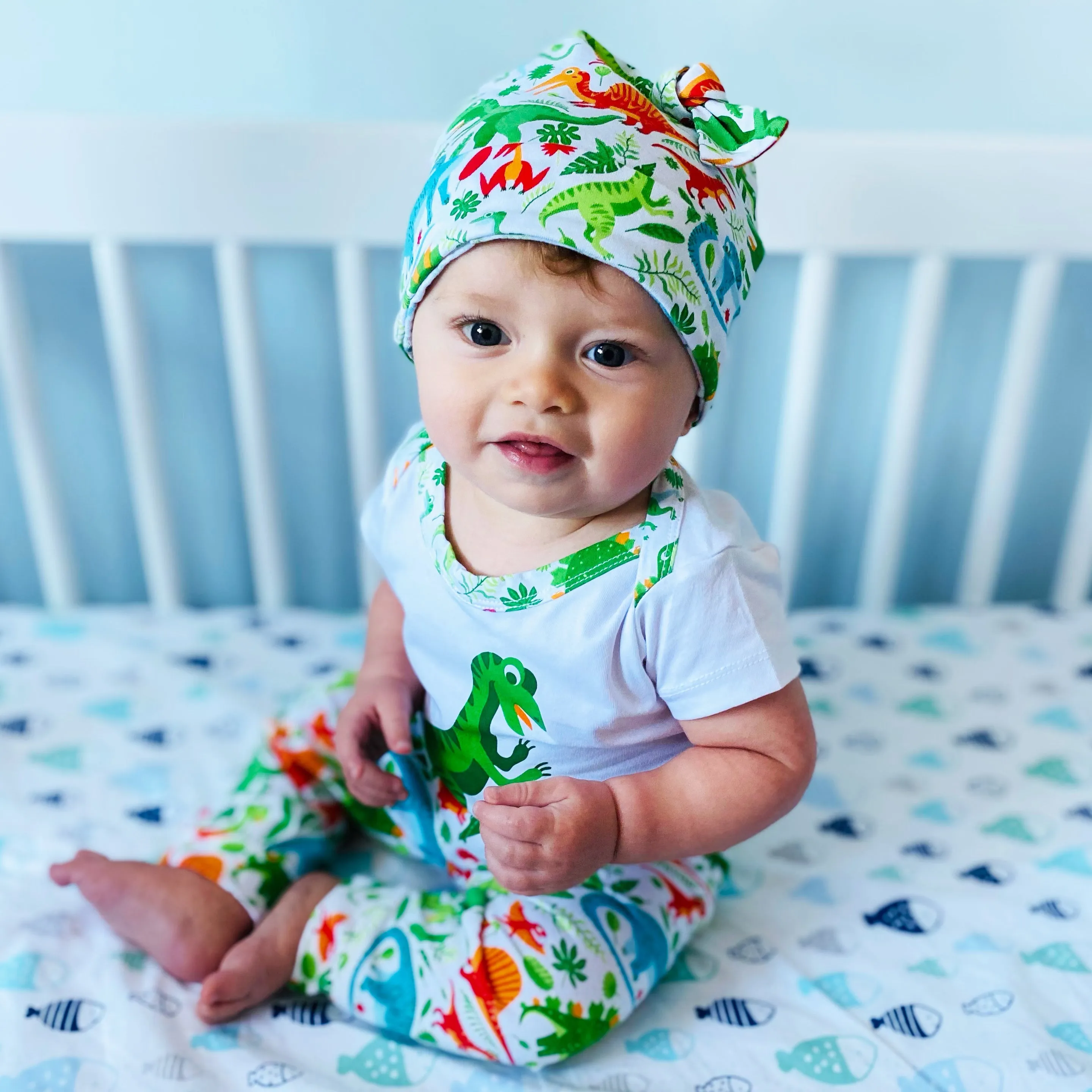 AnnLoren Baby Layette Boys Dinosaur Onesie Pants Cap 3pc Gift Set Clothing Sizes 3M - 18M