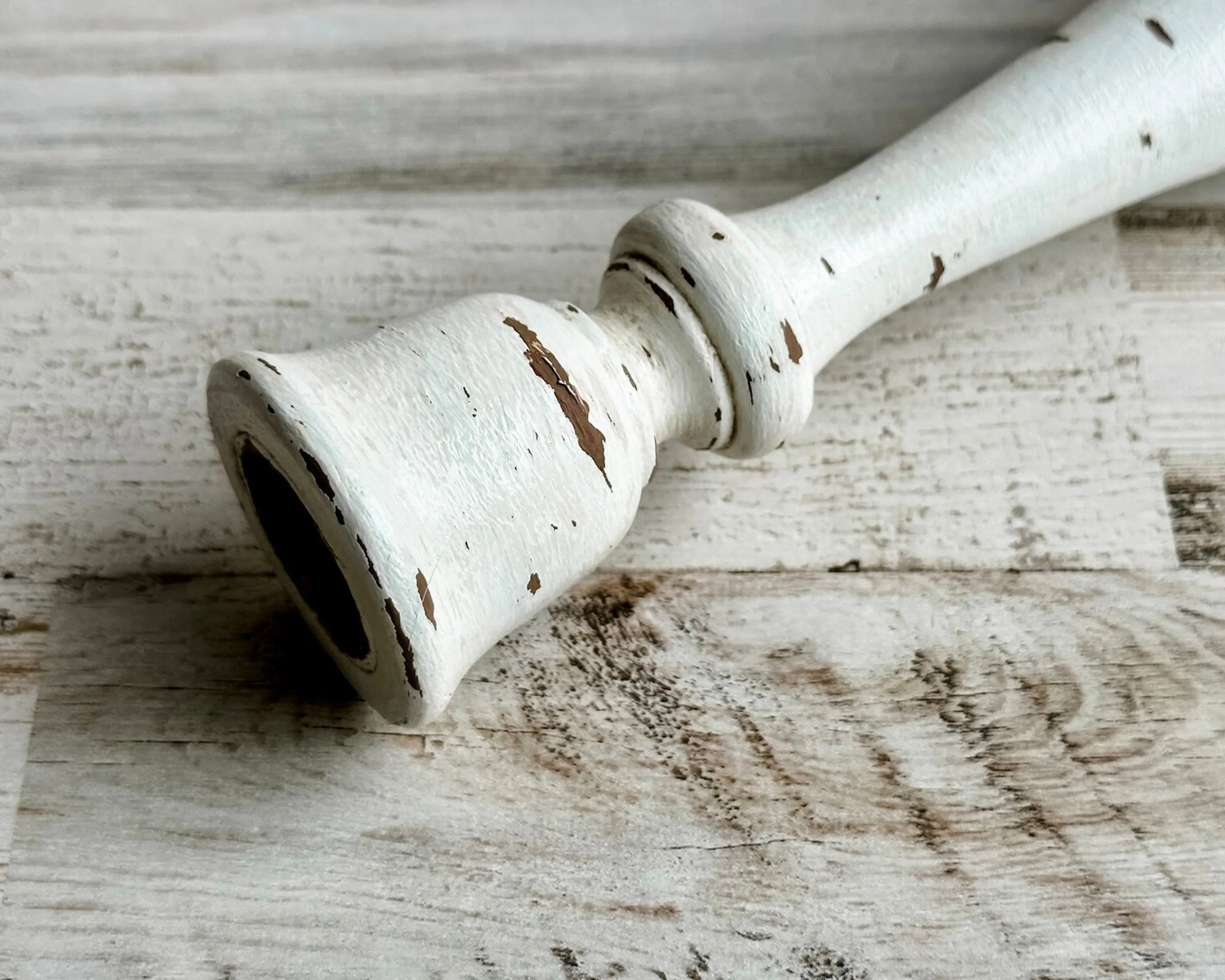 Antique white & brown distressed candlestick