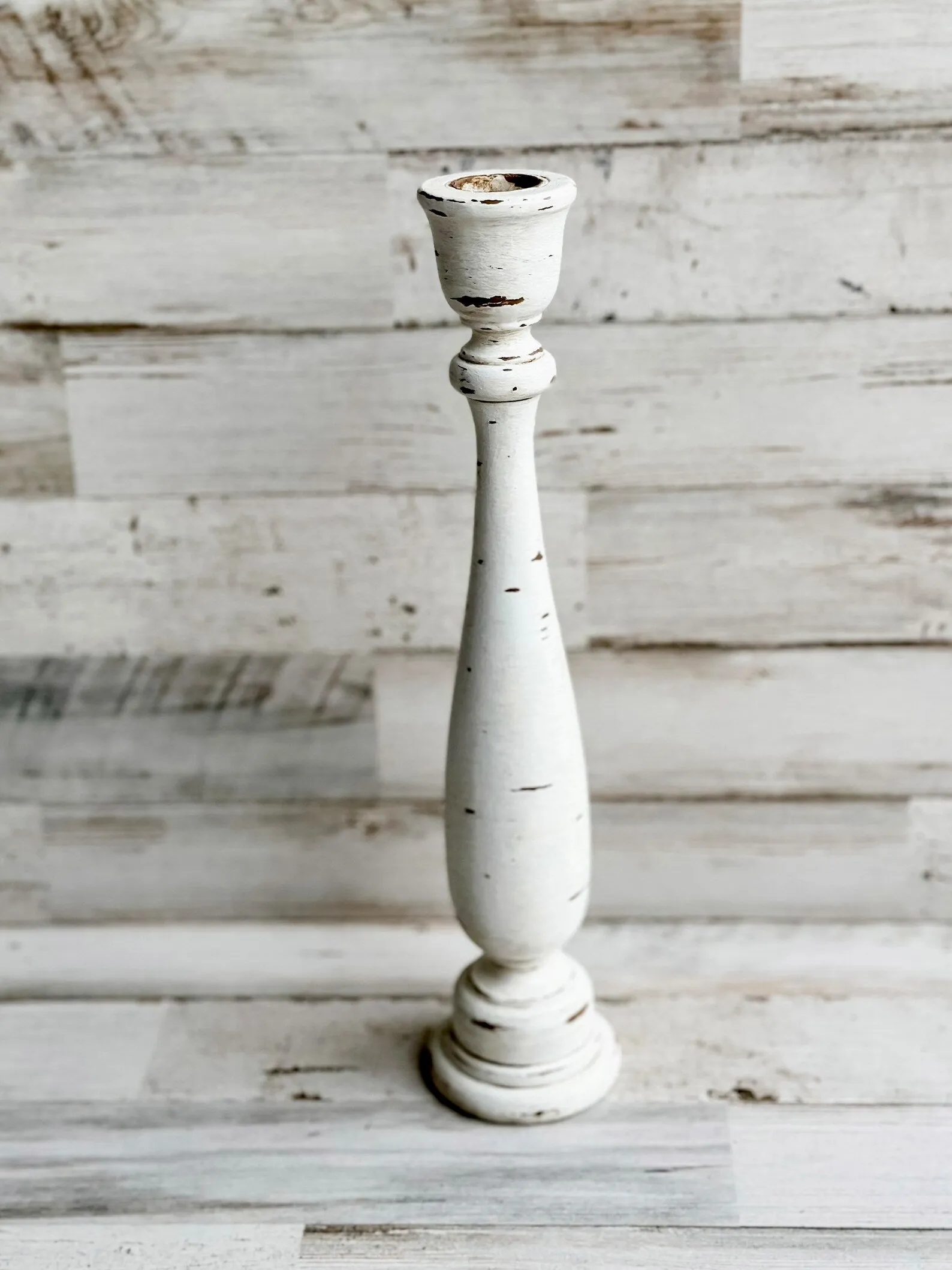 Antique white & brown distressed candlestick
