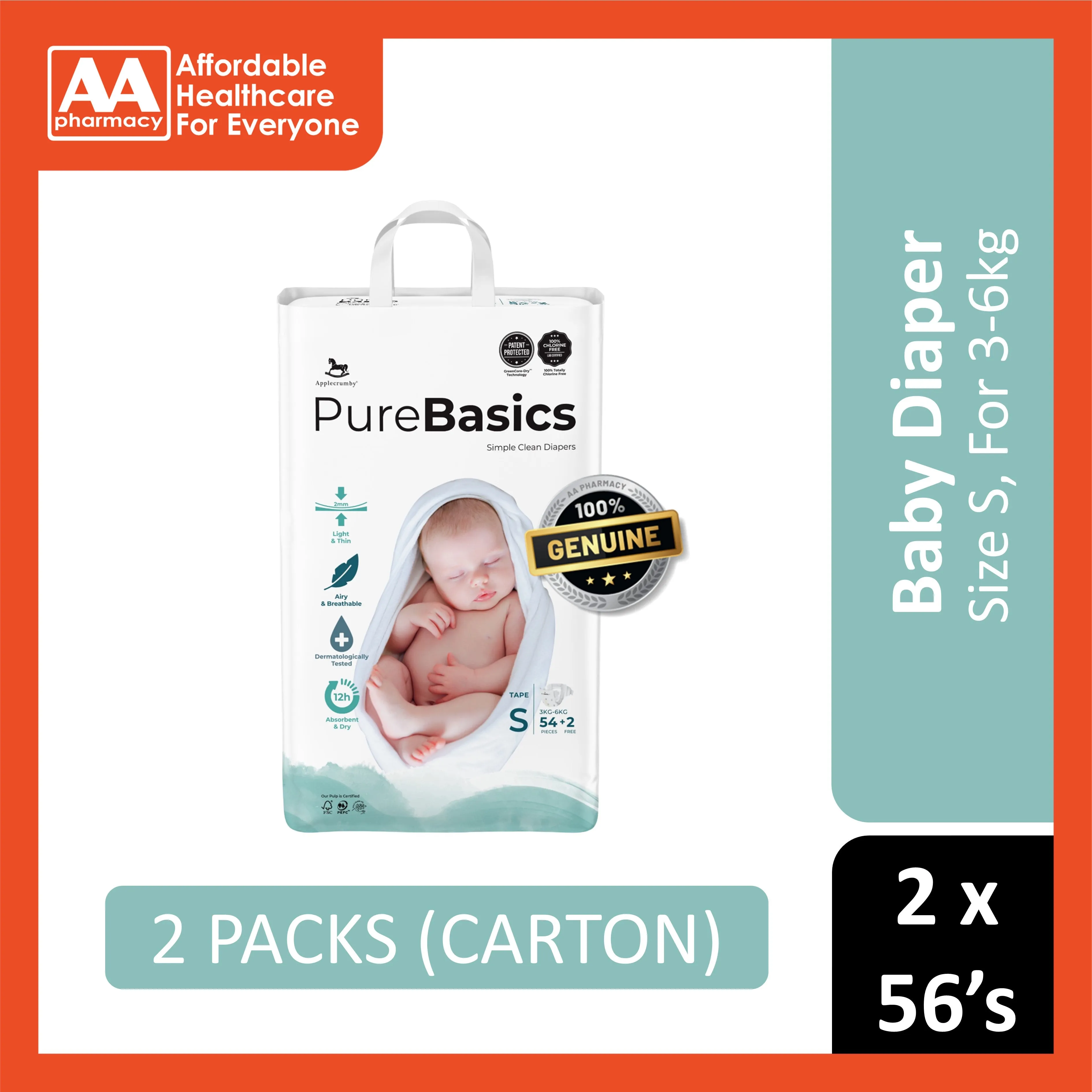 Applecrumby PureBasics Baby Tape Diaper Size S 54's 2's (For 3-6kg) [2 Packs/Carton]