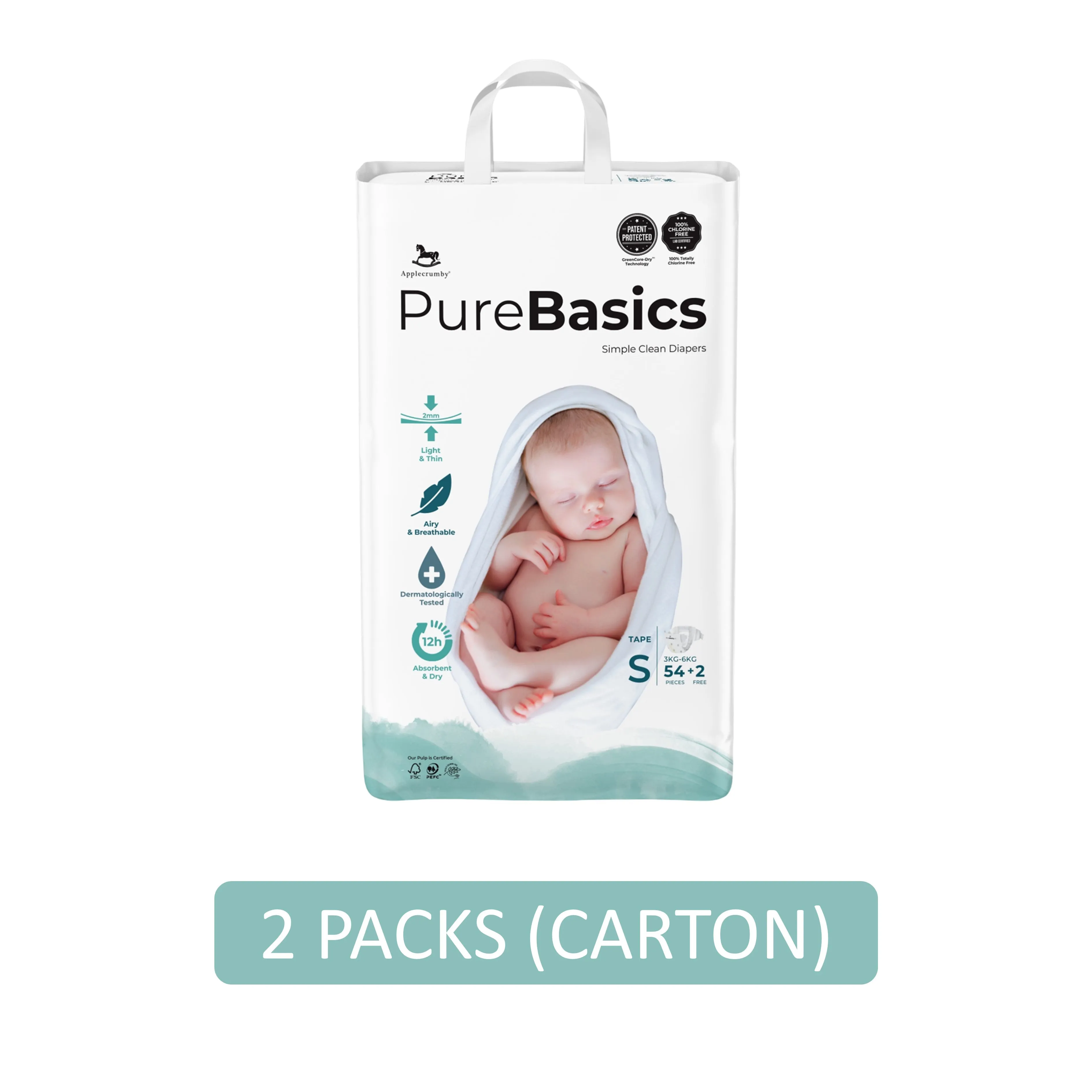 Applecrumby PureBasics Baby Tape Diaper Size S 54's 2's (For 3-6kg) [2 Packs/Carton]