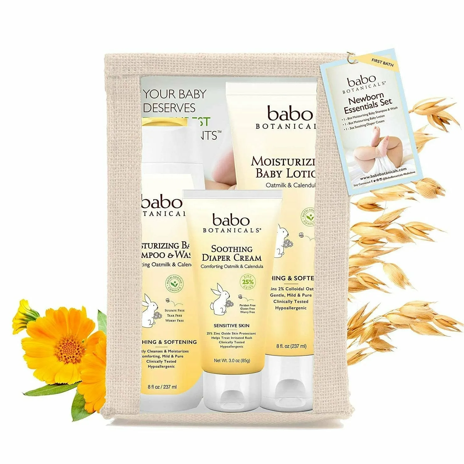 Babo Botanicals, Newborn Essentials, Oatmilk & Calendula, 3 Piece Gift Set