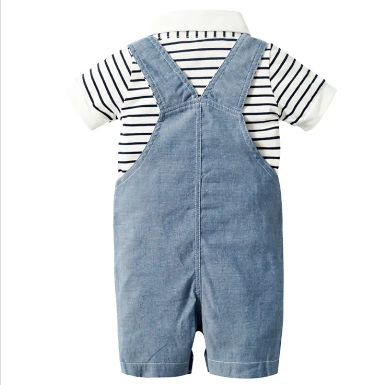 Baby boy cotton denim blue overall shorts, black and white polo shirts and denim blue hat 3 piece set