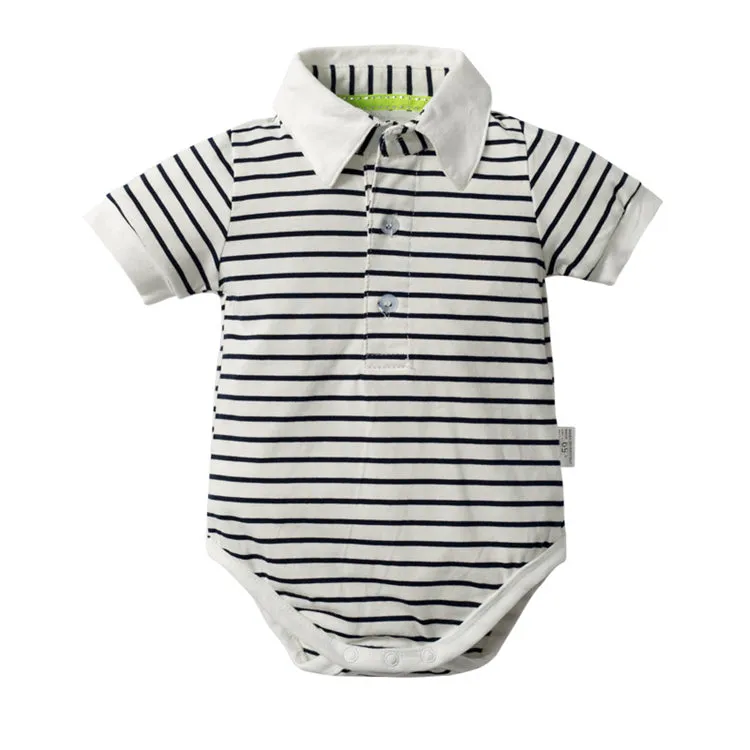 Baby boy cotton denim blue overall shorts, black and white polo shirts and denim blue hat 3 piece set