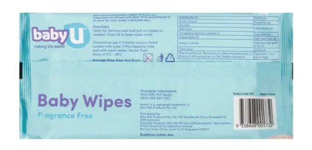 Baby U Baby Wipes Fragrance Free 80's