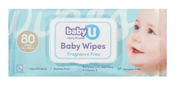 Baby U Baby Wipes Fragrance Free 80's