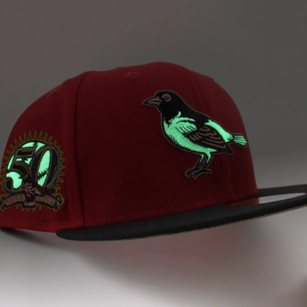 Baltimore Orioles 50th Anniversary 59Fifty New Era Fitted Hat (GITD SCARLET BLACK KHAKI UNDER BRIM)