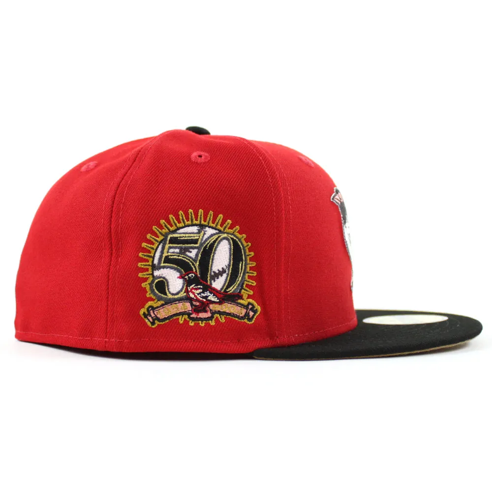 Baltimore Orioles 50th Anniversary 59Fifty New Era Fitted Hat (GITD SCARLET BLACK KHAKI UNDER BRIM)
