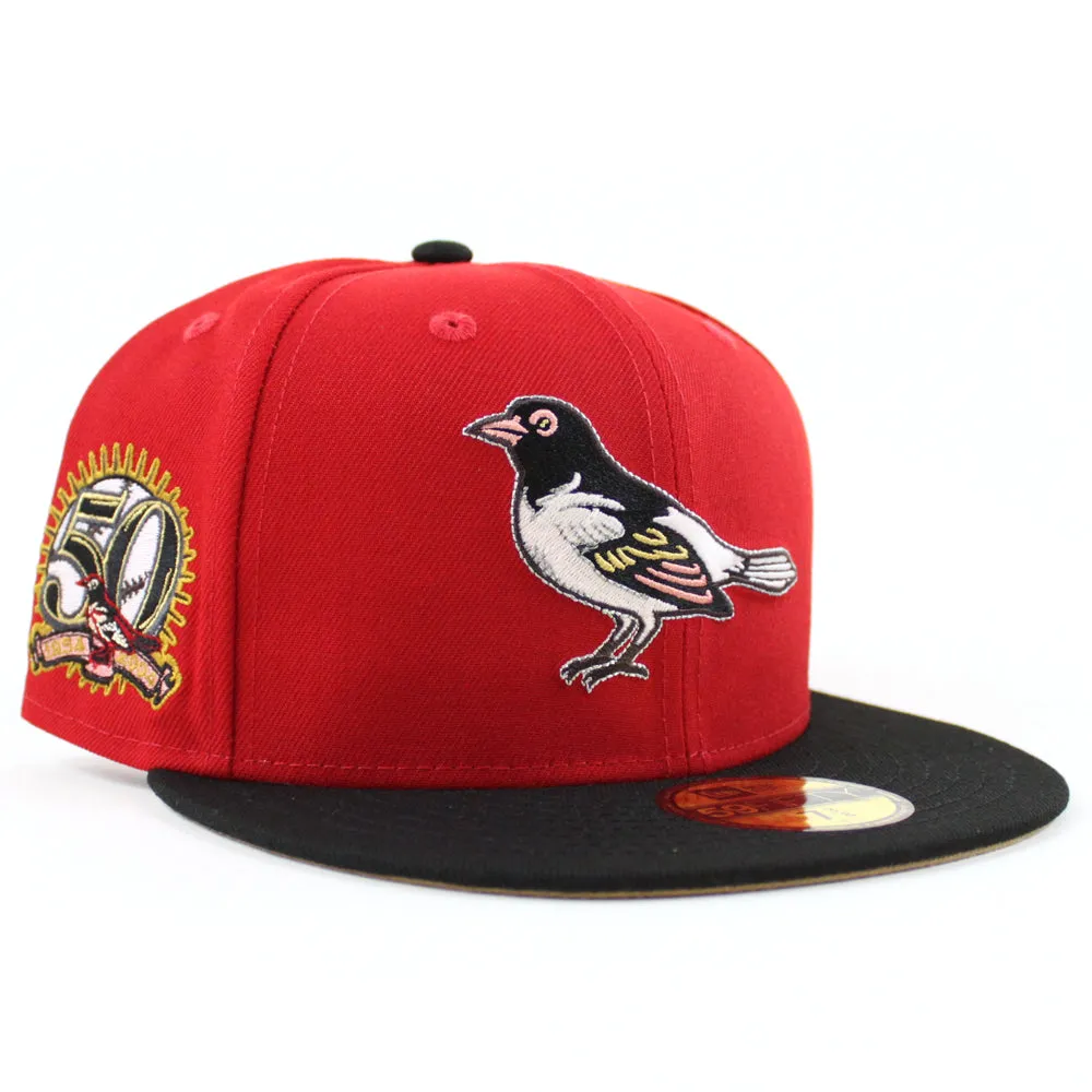 Baltimore Orioles 50th Anniversary 59Fifty New Era Fitted Hat (GITD SCARLET BLACK KHAKI UNDER BRIM)