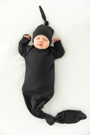 Black Knotted Baby Gown & Newborn Hat Set