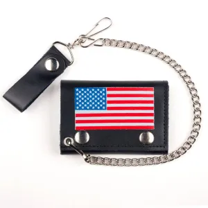 Black leather wallet w/ American flag on front and detachable chain