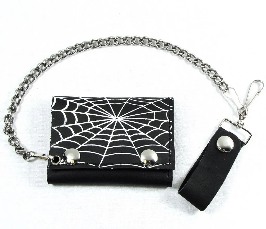 Black leather wallet w/ white spiderwebs and detachable chain