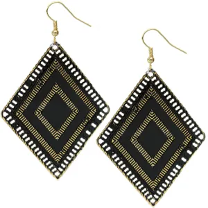 Black Reflective Diamond-Shaped Drop Earrings