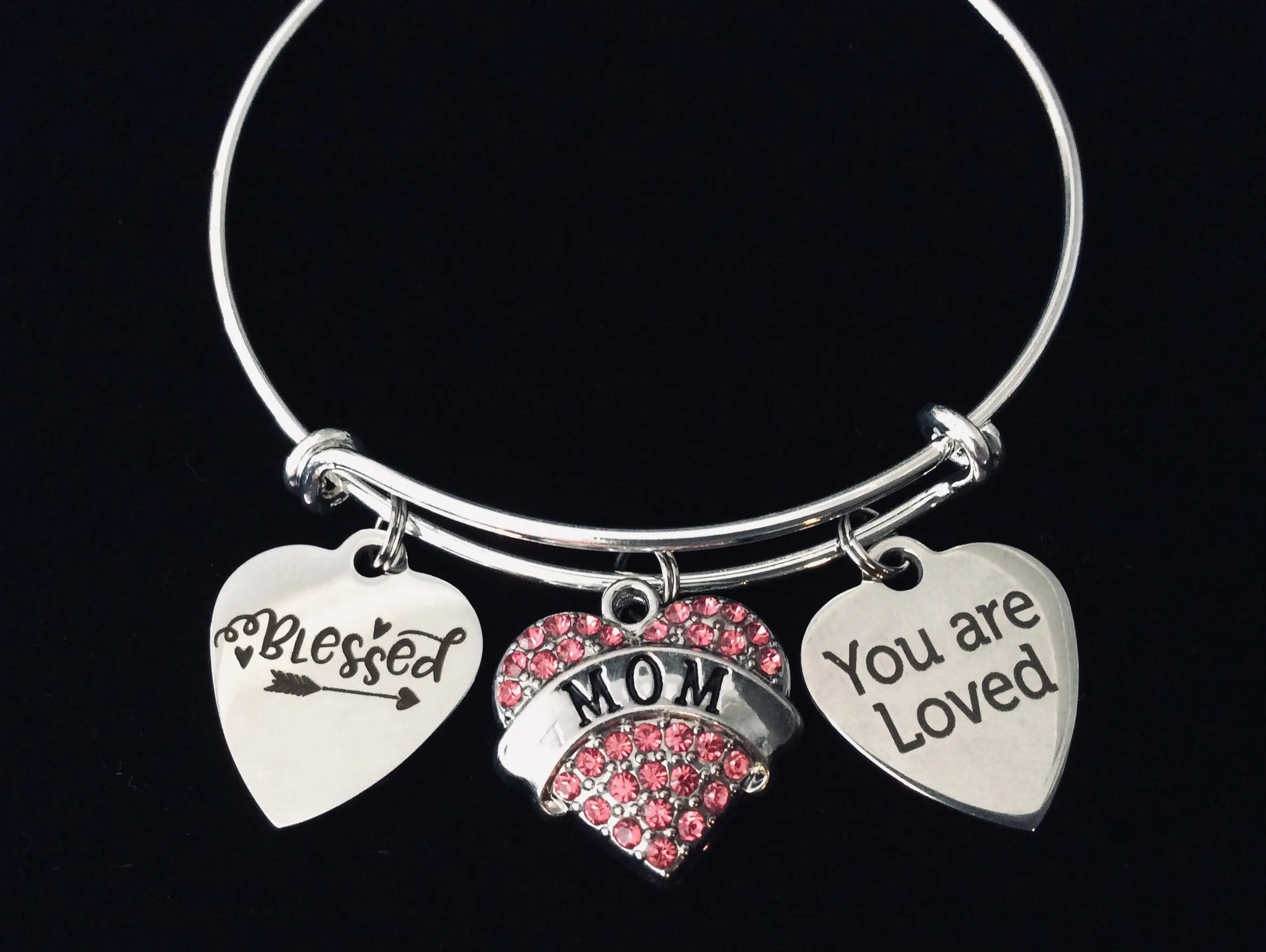 Blessed Mom Jewelry You Are Loved Expandable Charm Bracelet Silver Adjustable Bangle One Size Fits All Gift Bling Crystal Heart