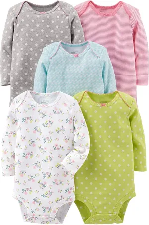 Brand new Simple Joys by Carter's Baby-Girls 5-Pack Long-Sleeve Bodysuits, Sz 12 Months! Grey/Pink/Lime/Blue