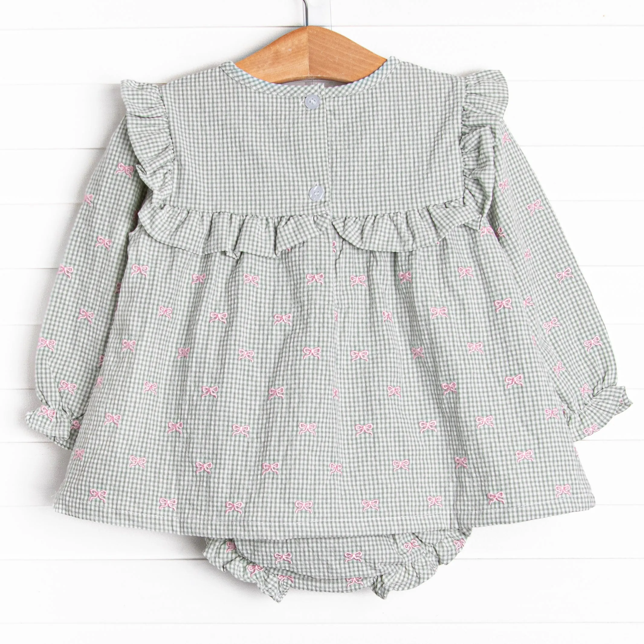 Brooksy Bows Embroidered Diaper Set, Green Gingham
