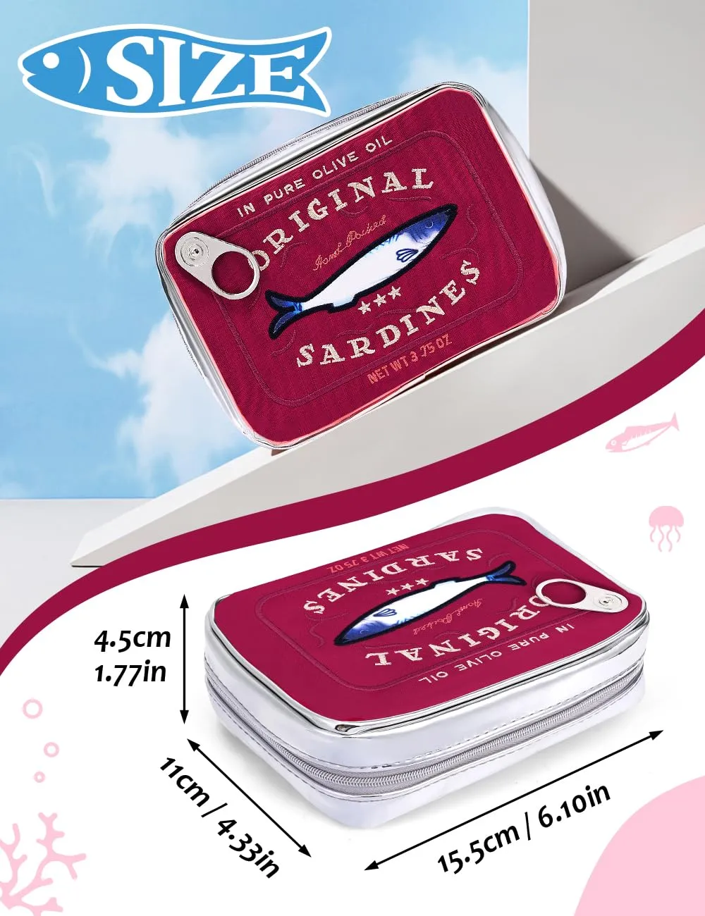 Cessfle Canned Sardines Makeup Bag, Creative Cute Makeup Bag Canned Fish Cosmetic Bag Coquette Cosmetic Pouch Aesthetic Toiletry Bag For Women…, Red, 1hf2rh1lg4pn1ny8bp2