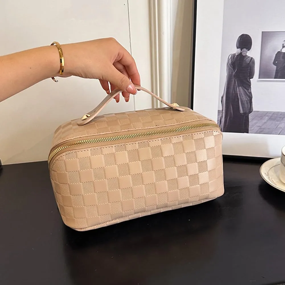 Cessfle Travel Makeup Bag, Checkered Makeup Bag Large Capacity Cosmetic Bag, Parallel Makeup Bag Large Makeup Bags for Women with Handle and Divider