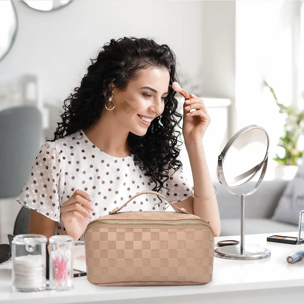 Cessfle Travel Makeup Bag, Checkered Makeup Bag Large Capacity Cosmetic Bag, Parallel Makeup Bag Large Makeup Bags for Women with Handle and Divider