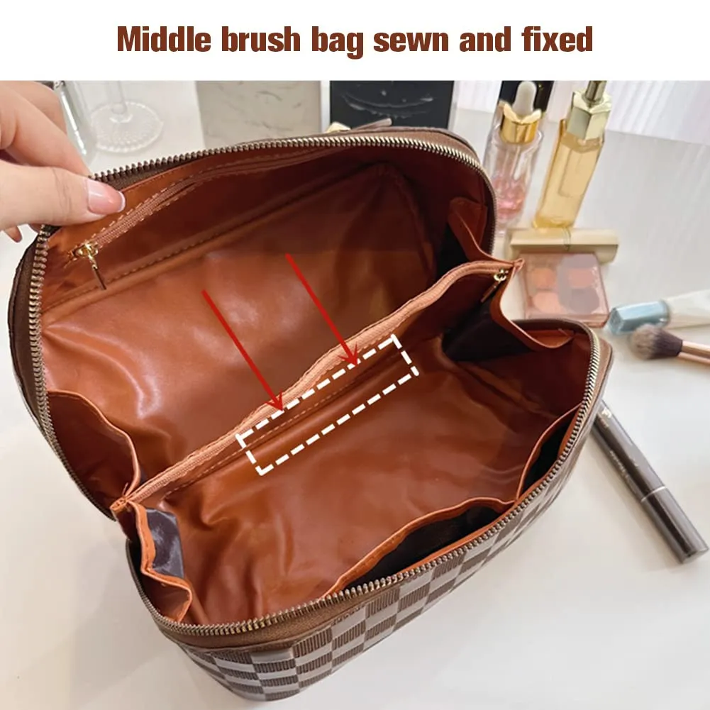 Cessfle Travel Makeup Bag, Checkered Makeup Bag Large Capacity Cosmetic Bag, Parallel Makeup Bag Large Makeup Bags for Women with Handle and Divider