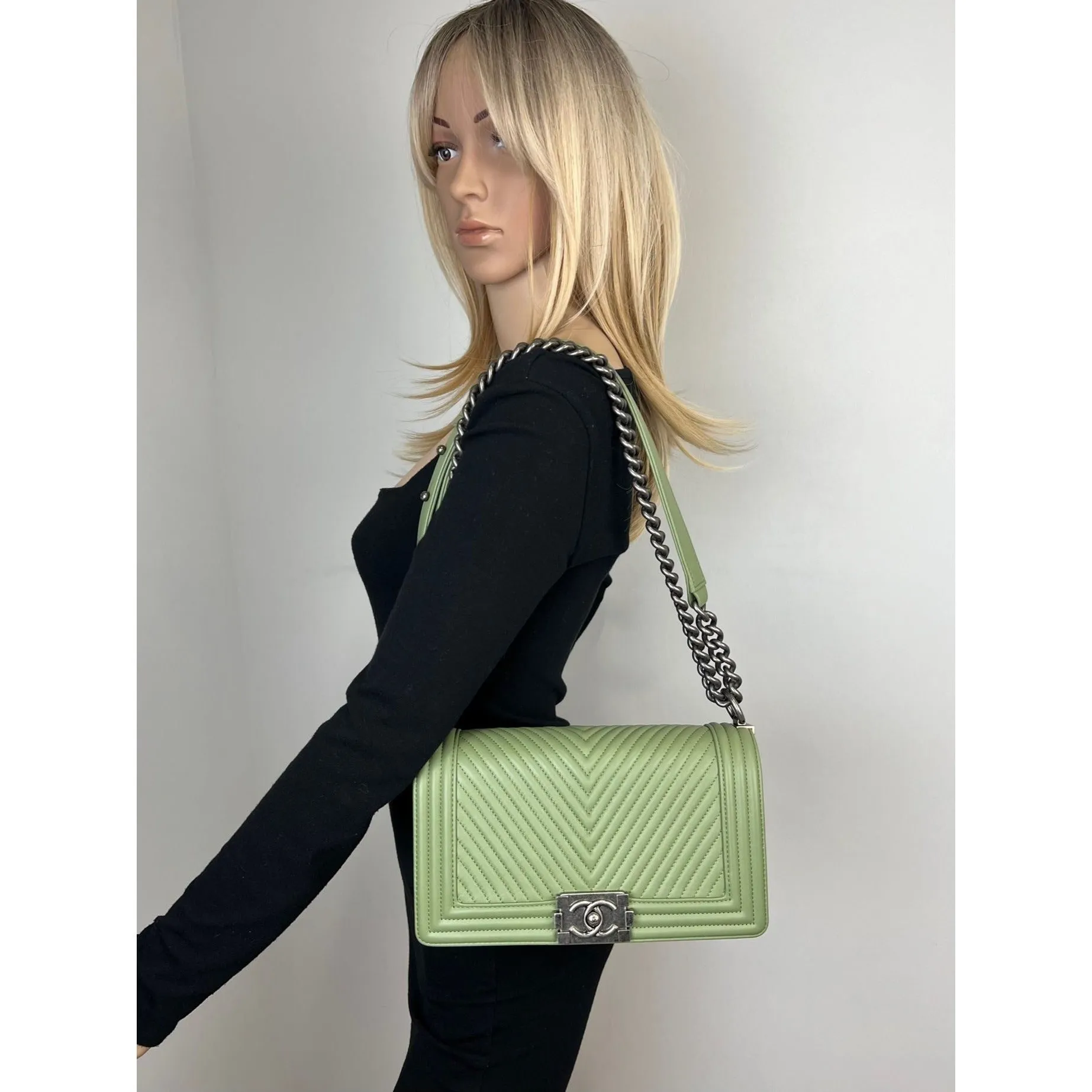 Chanel Calfskin Chevron Quilted Medium Boy Flap Light Green Bag