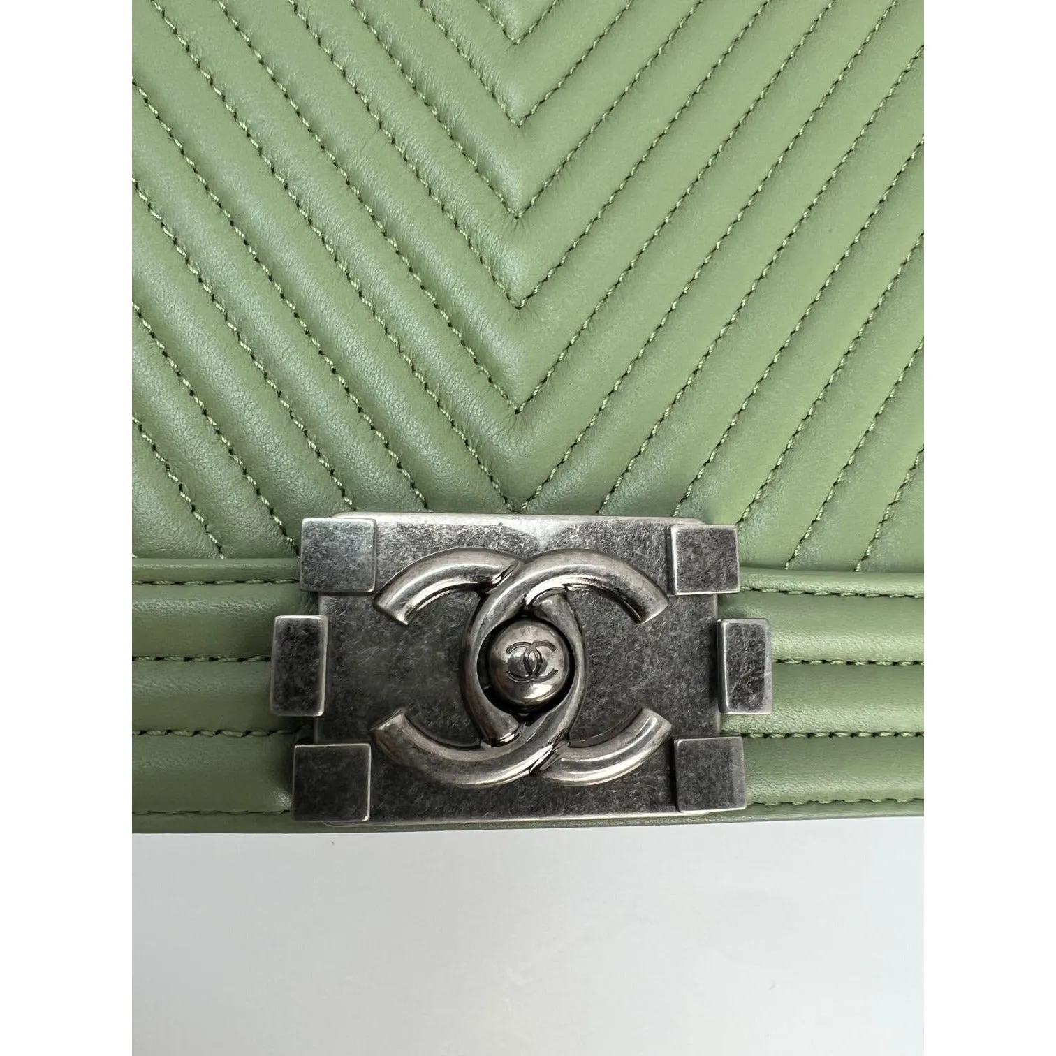 Chanel Calfskin Chevron Quilted Medium Boy Flap Light Green Bag