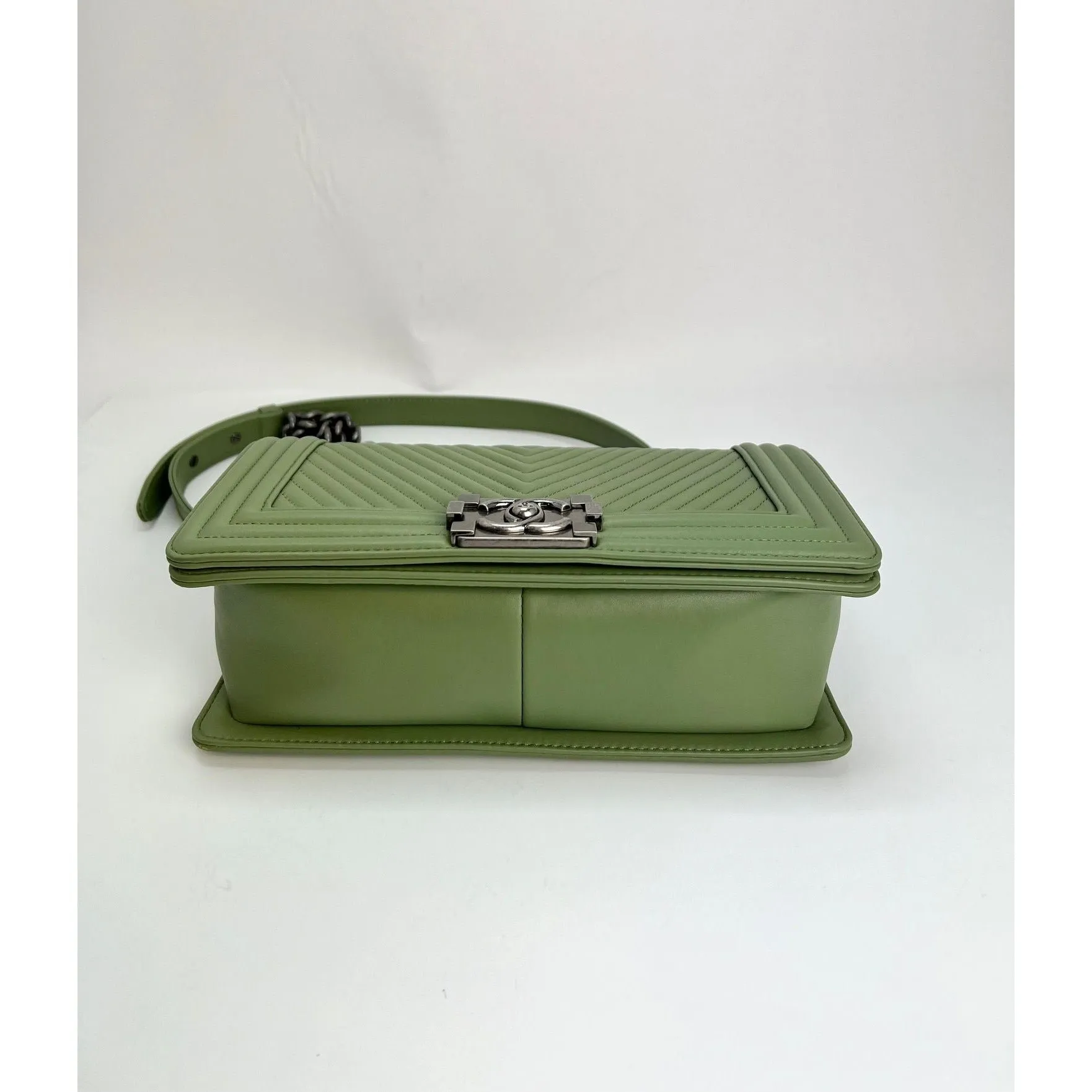 Chanel Calfskin Chevron Quilted Medium Boy Flap Light Green Bag