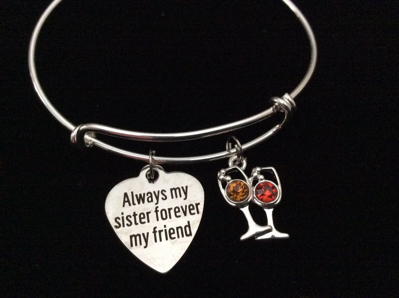 Cheers Always my Sister Forever My Friend Adjustable Expandable Silver Plated Bangle Charm Bracelet