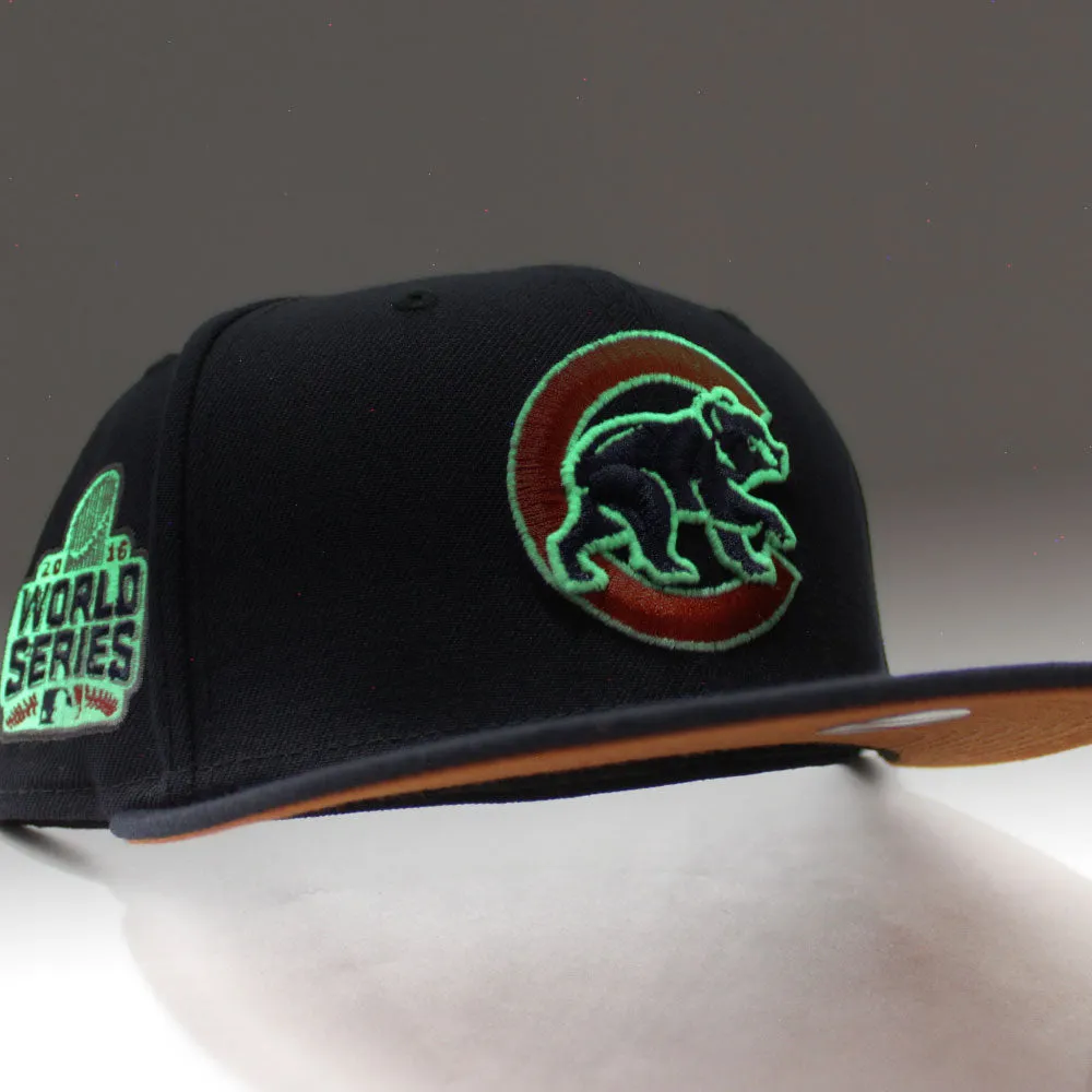 Chicago Cubs 2016 World Series New Era 59Fifty Fitted Hat (Glow in the Dark Navy Orange Rust Under Brim)