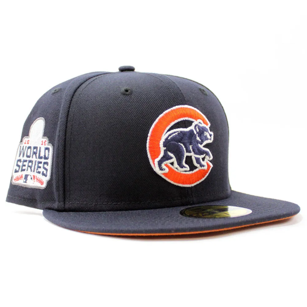 Chicago Cubs 2016 World Series New Era 59Fifty Fitted Hat (Glow in the Dark Navy Orange Rust Under Brim)