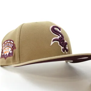Chicago White Sox COMISKEY PARK New Era Fitted 59Fifty Hat (Glow in the Dark Khaki Camel Maroon Under Brim)